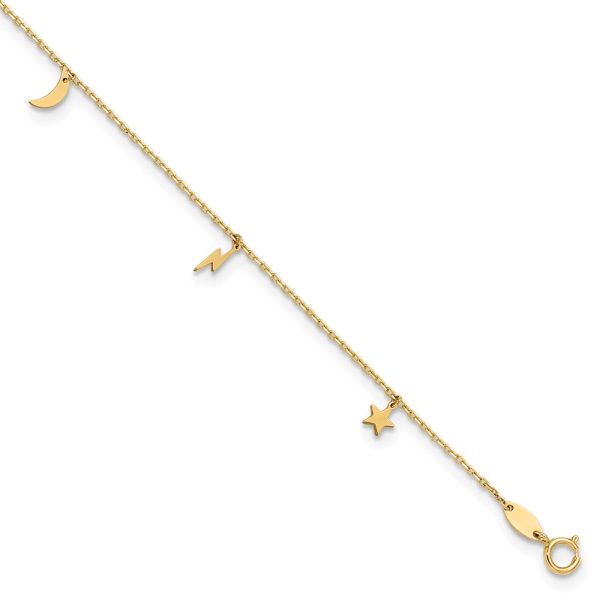 14K Polished Moon Star and Lightning 9in Plus 1in ext. Anklet