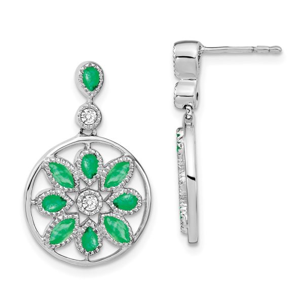 14k White Gold Emerald and Diamond Floral Dangle Earrings