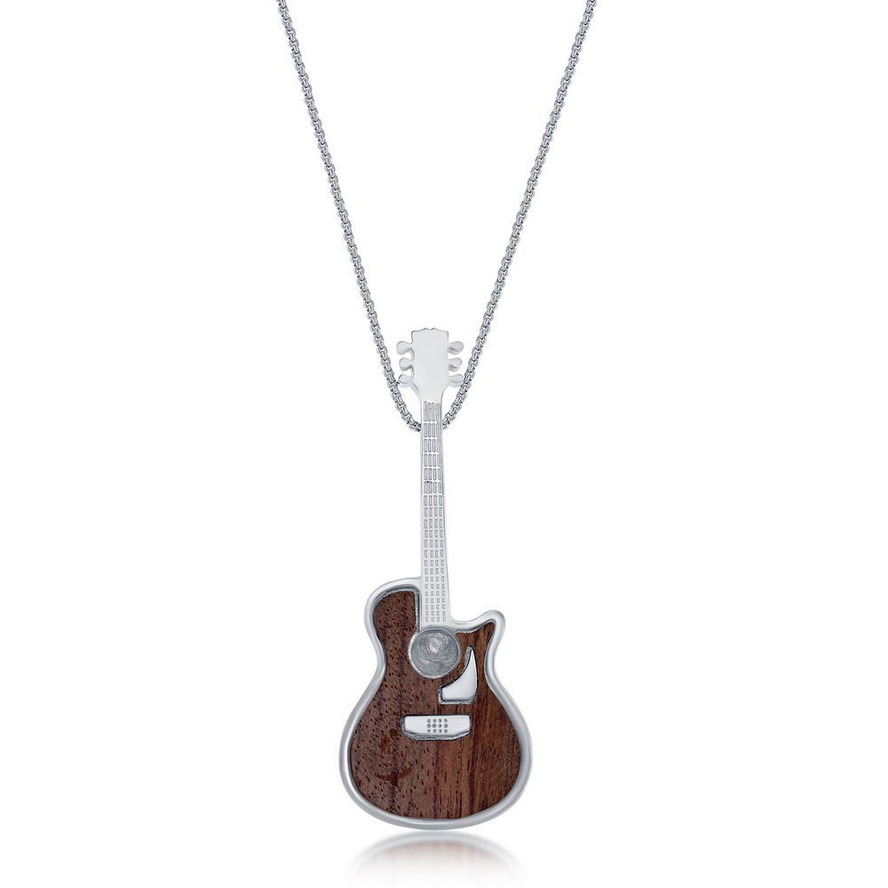 Stainless Steel Wood Inlay Guitar Necklace .'s Jewelry