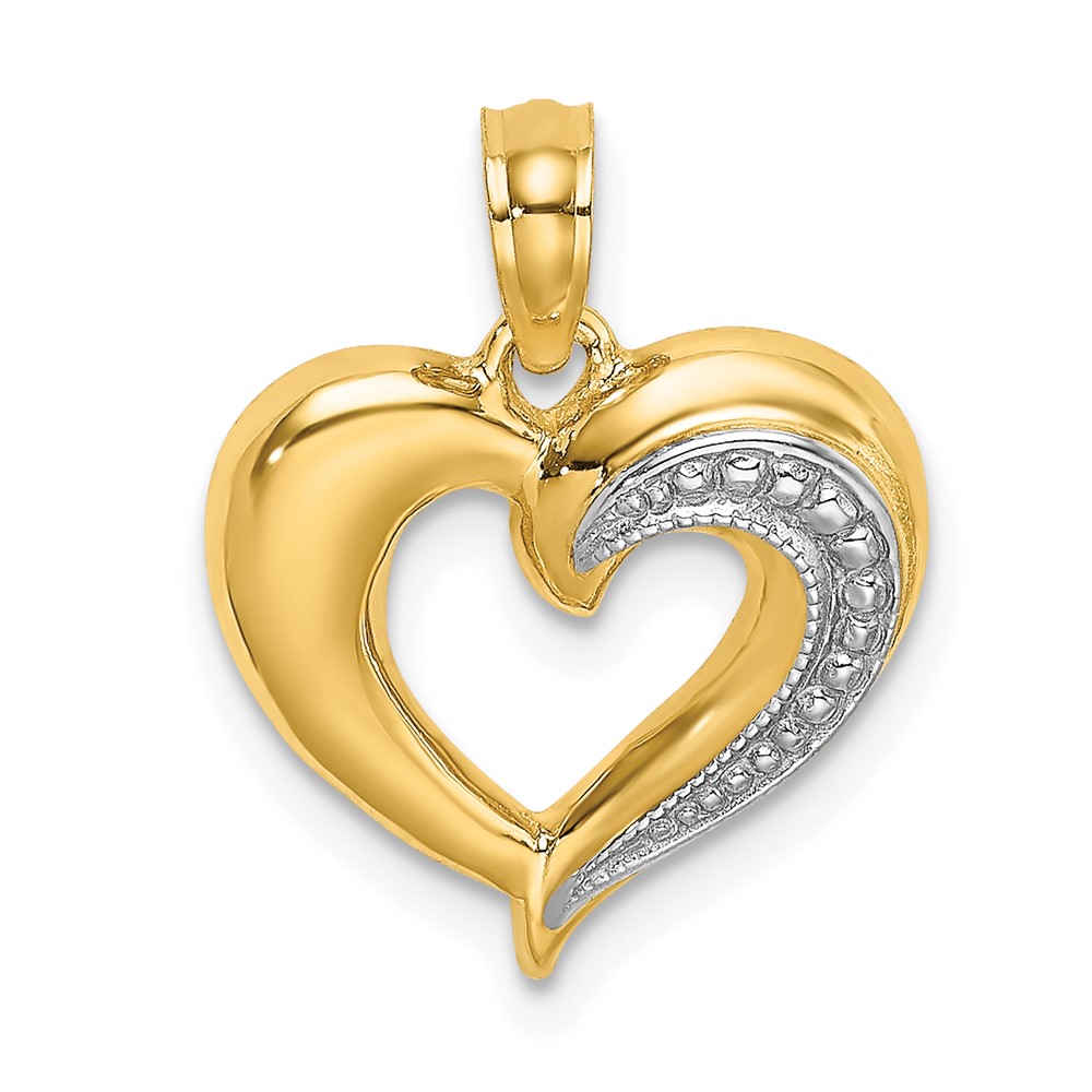 10K W/ Rhodium Polished and Textured Heart Charm