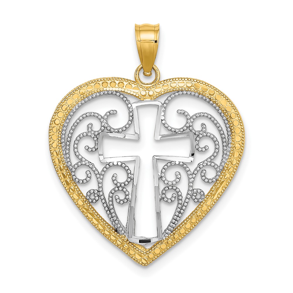 10K W/ RhodiumCut-Out Beaded Filigree Heart W/ Cross Charm