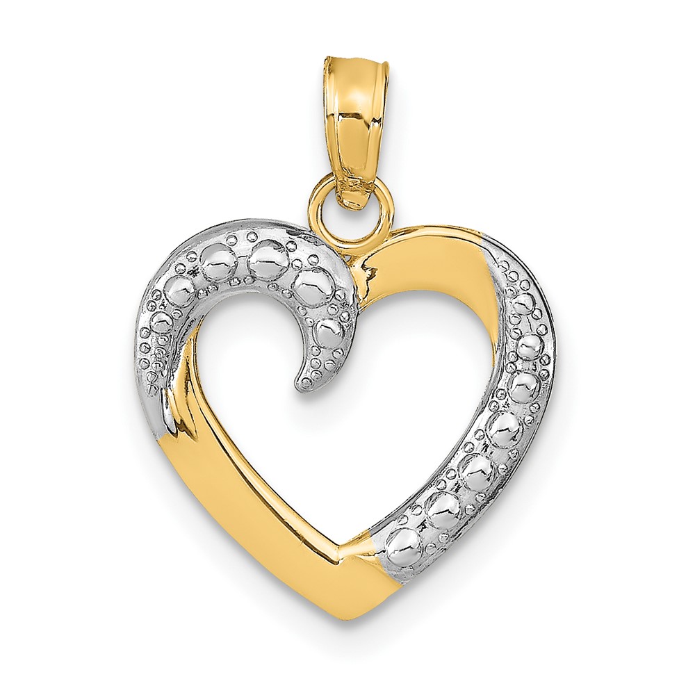 10K w/Rhodium Polished and Textured Heart Pendant