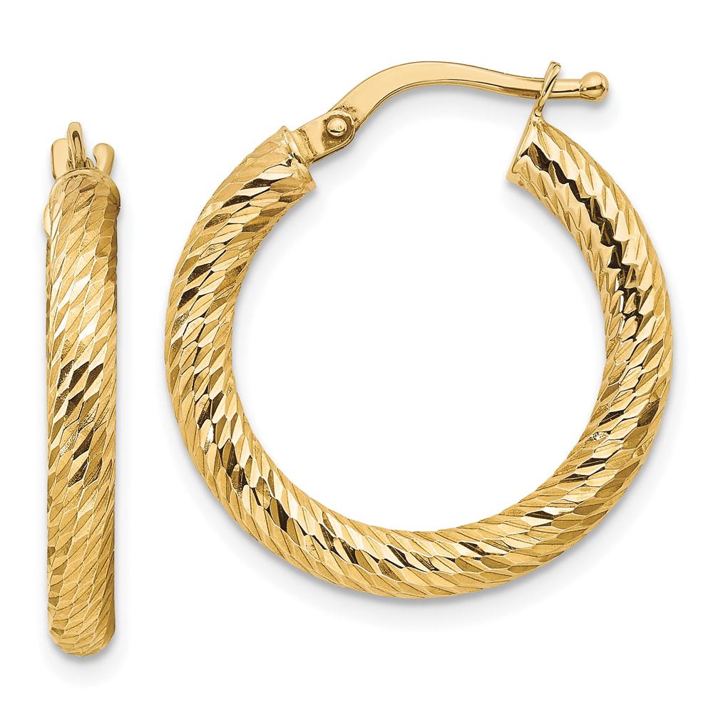 10k 3×15 Diamond-cut Round Hoop Earrings