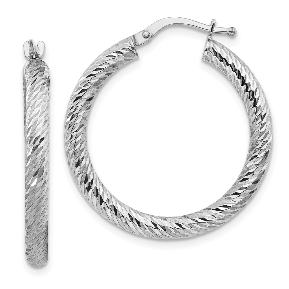 10k 3×20 White Gold Diamond-cut Round Hoop Earrings