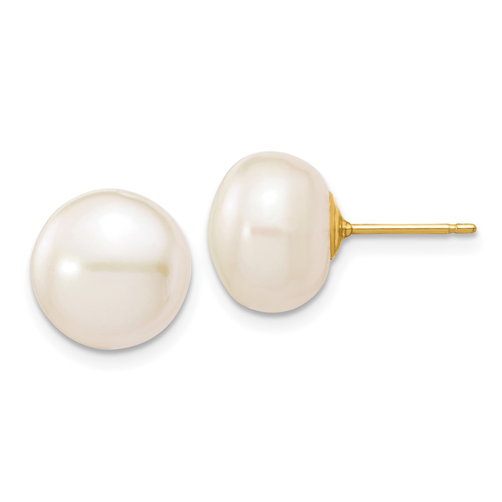 10k 10-11mm White Button Freshwater Cultured Pearl Stud Post Earrings