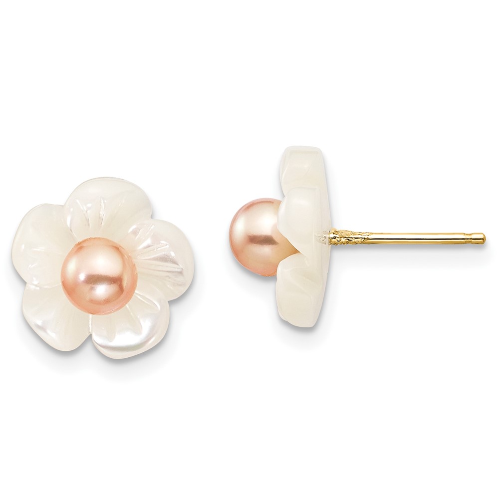 10k 3-4mm Pink FW Cultured Pearl w/10mm MOP Flower Post Earrings