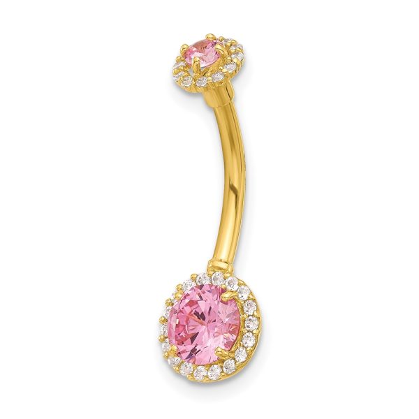 14K 14 Gauge Polished Pink and White CZ Navel/Belly Ring