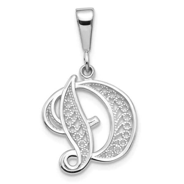 14KW White Gold Solid Polished Script Filigree Letter D Initial Pendant