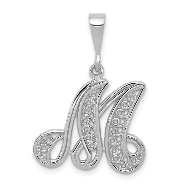 14KW White Gold Solid Polished Script Filigree Letter M Initial Pendant