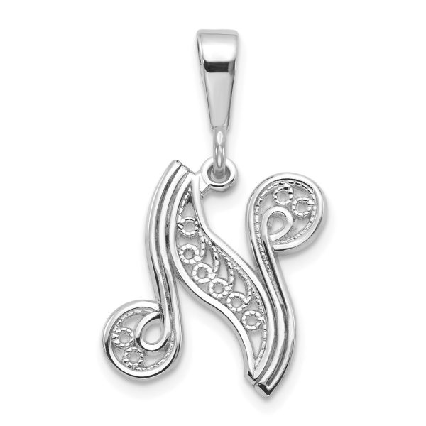 14KW White Gold Solid Polished Script Filigree Letter N Initial Pendant
