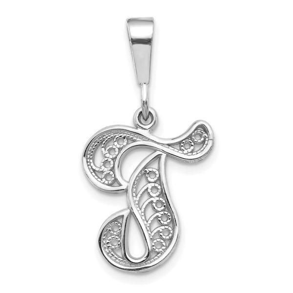 14KW White Gold Solid Polished Script Filigree Letter T Initial Pendant