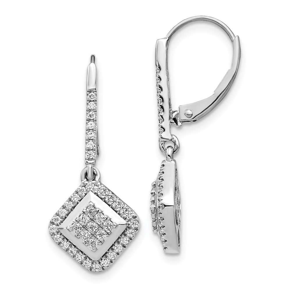 14k White Gold Diamond Cluster Leverback Earrings