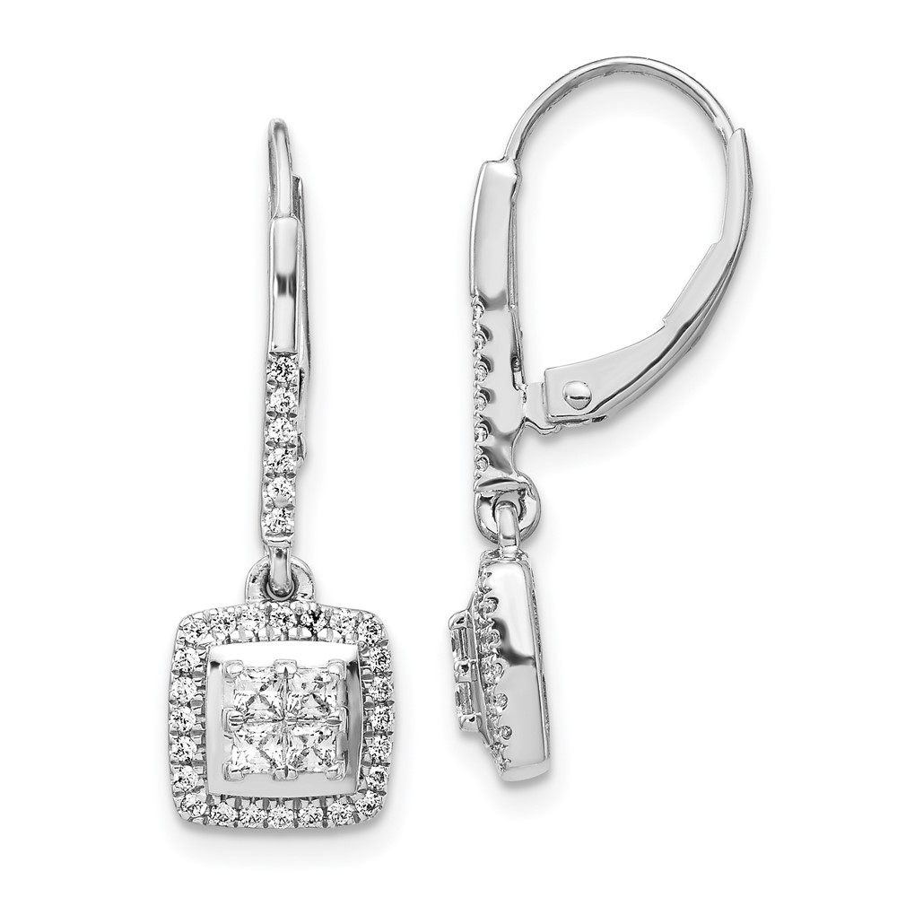 14k White Gold Diamond Cluster Leverback Earrings