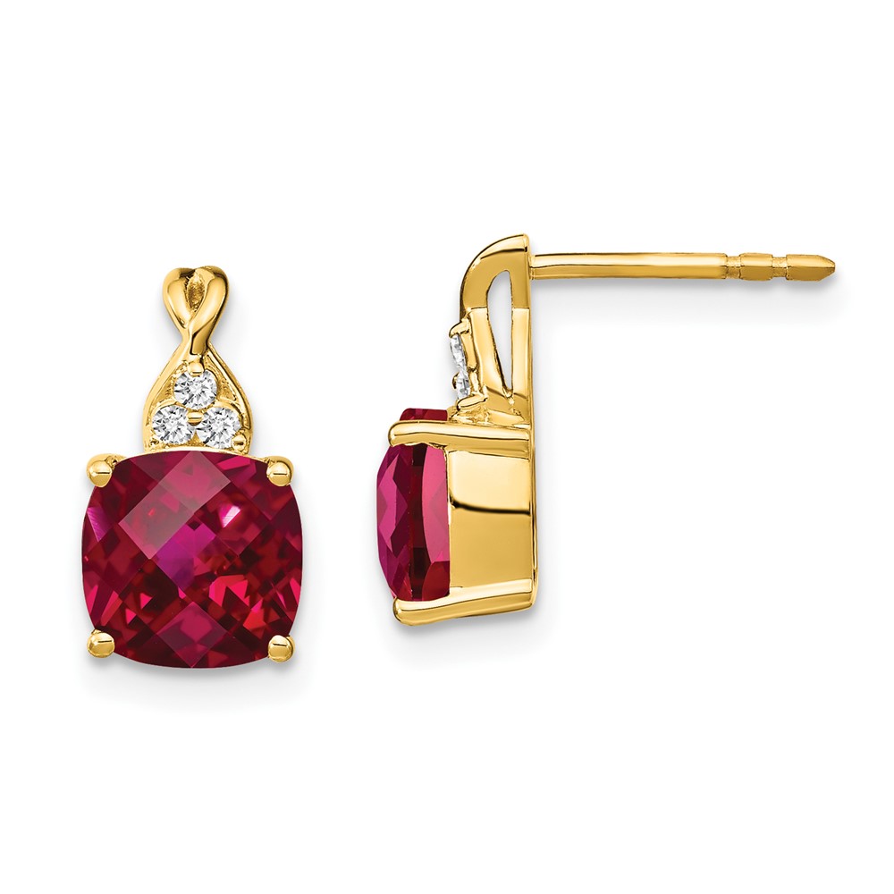 10k Checkerboard Created Ruby and Diamond Earrings