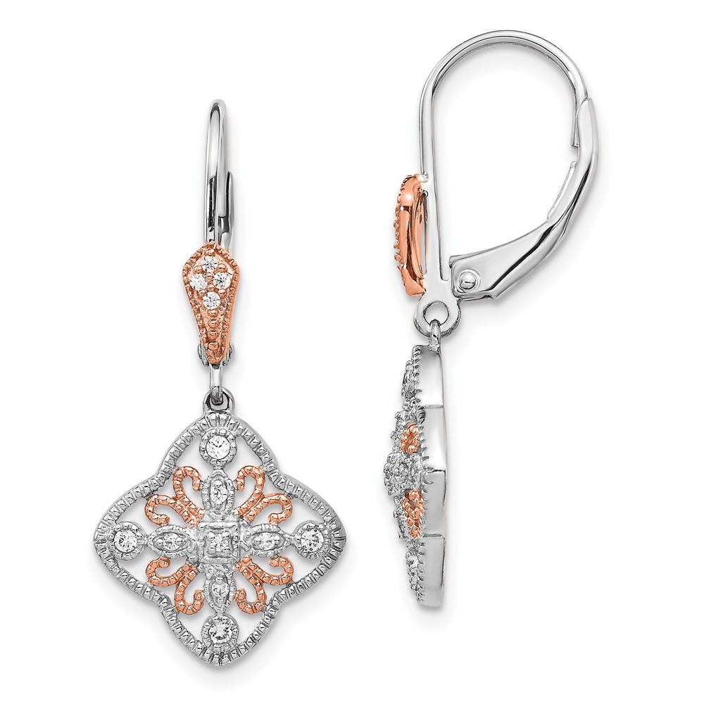 14k White Gold w/Rose Rhodium Diamond Leverback Earrings
