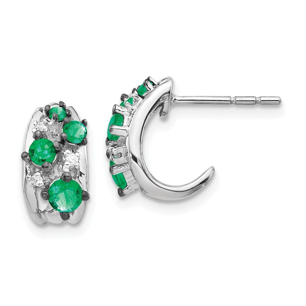 14k White Gold Diamond and Emerald Polished Post Hoop Earrings