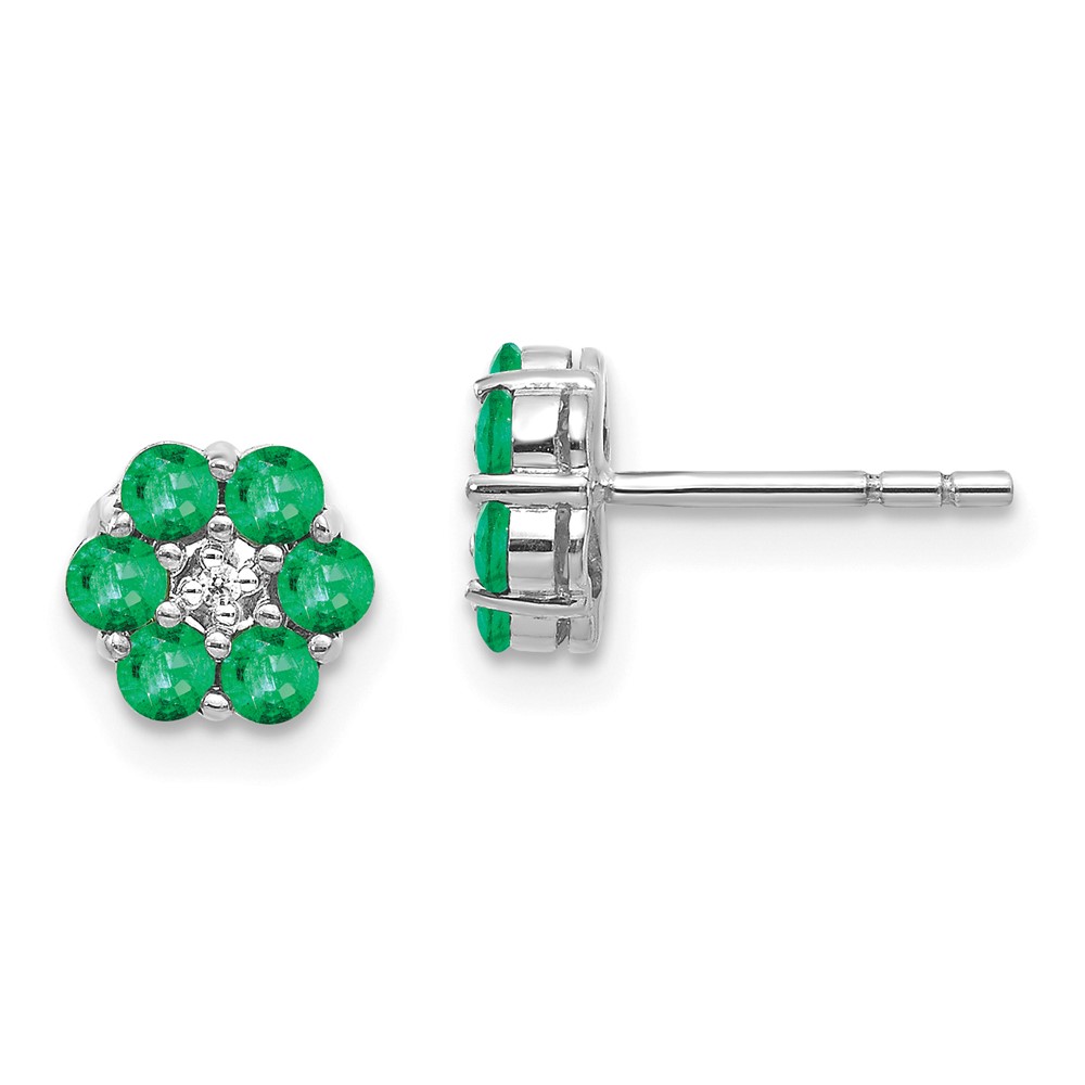 10k White Gold Polished Emerald and Diamond Post Earrings