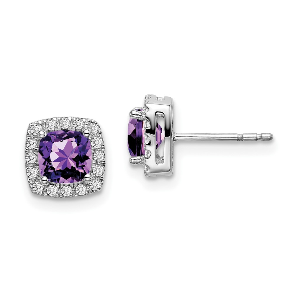 14k White Gold Cushion Amethyst and Diamond Halo Earrings