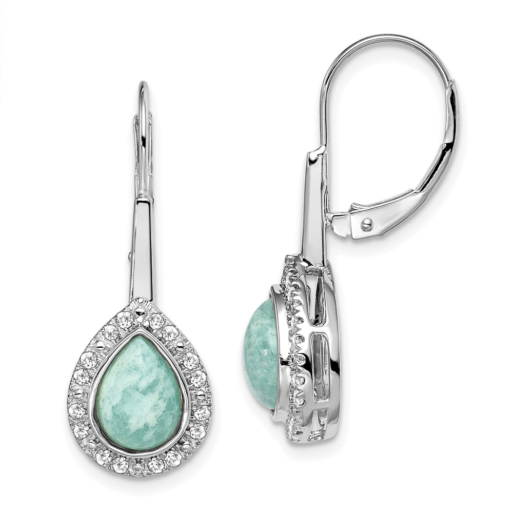 14k White Gold Pear Amazonite and Diamond Leverback Earrings