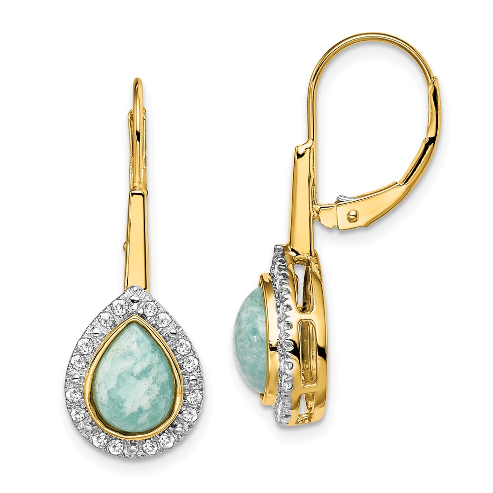 14k Pear Amazonite and Diamond Leverback Earrings