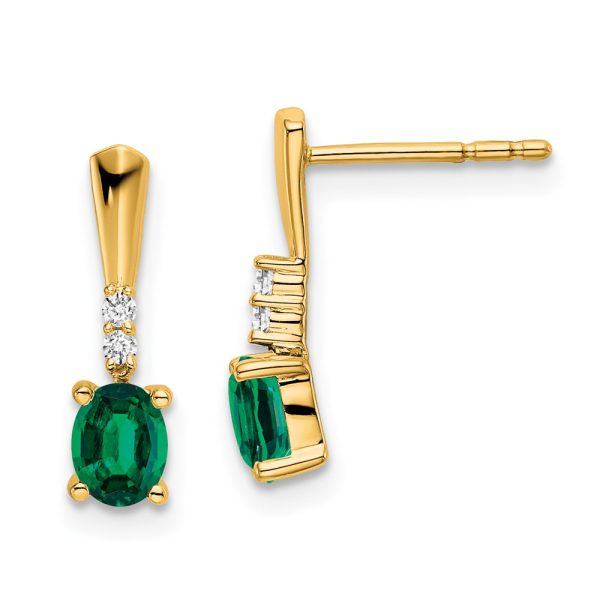 14K Oval Created Emerald and Diamond Dangle Earrings