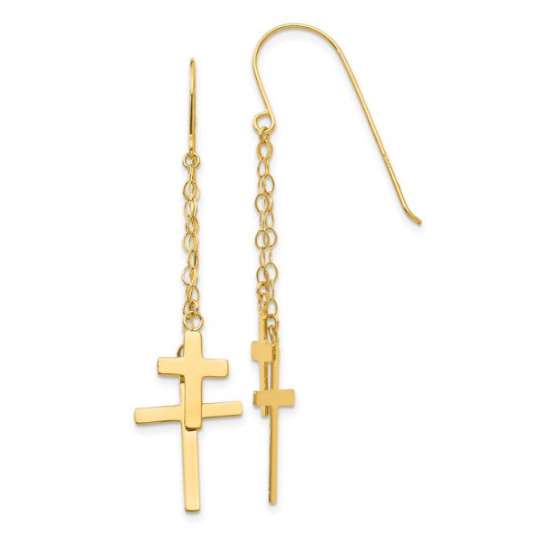 14K Chain Dangle Cross Shepherd Hook Earrings