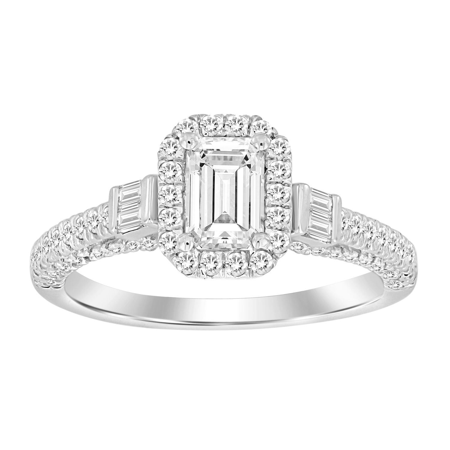 0019209 ladies ring 1 13 ct roundbaguetteemerald diamond 14k white gold center 34 si quality