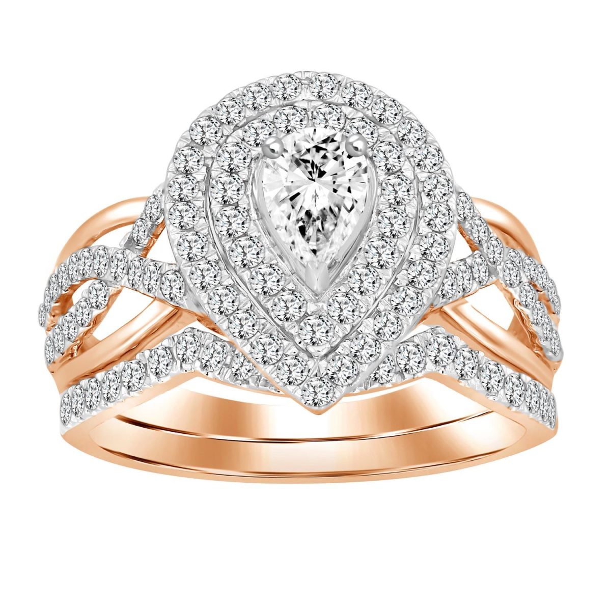 0020007 ladies bridal ring set 1 ct roundpear diamond 14k rose gold